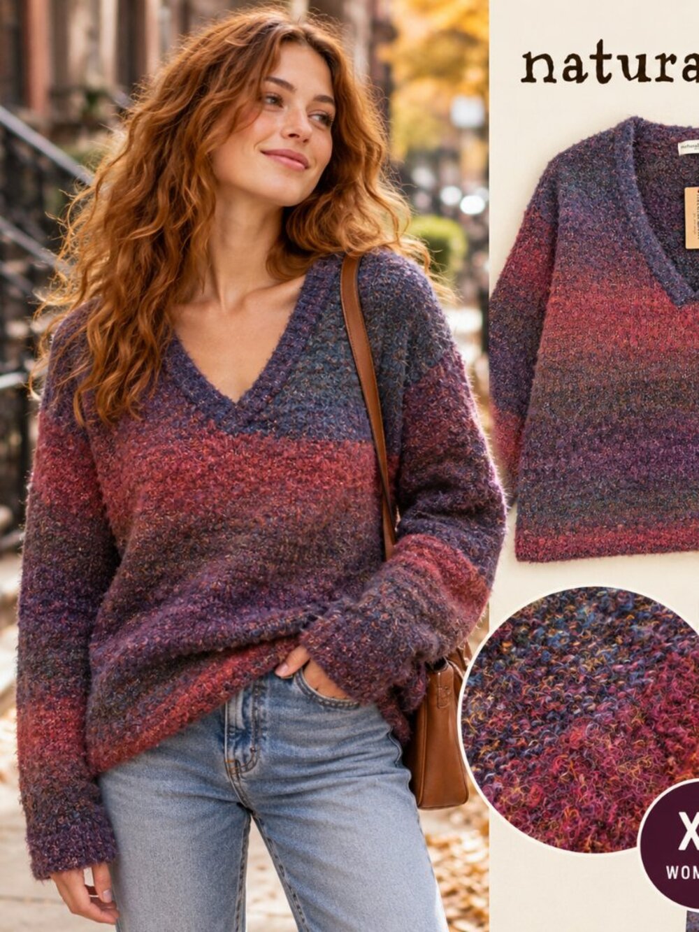 Natural Life Women's XL Multicolor Striped Fuzzy Boucle Knit V Neck Sweater NWT